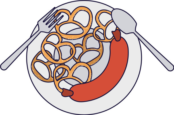 香肠和椒盐卷饼放在盘子里，用刀叉图片下载