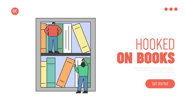 在线数字图书馆网站登陆页。男人和女人选择必要的网上阅读书籍。人物站在巨大的写字板旁。网页卡通线性轮廓平面矢量插图图片下载