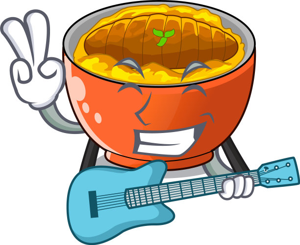 用吉他把热腾腾的猪排放在卡通桌上图片下载