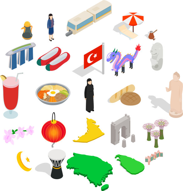 亚洲度假胜地图标设置等距风格图片下载