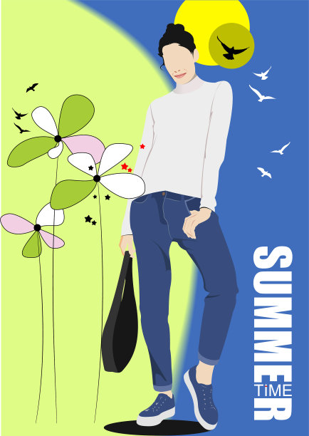 花夏天的背景与女孩的形象图片下载