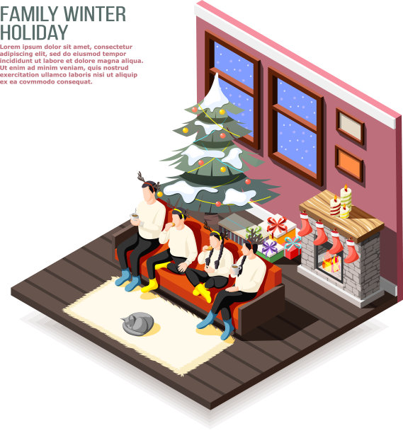 家庭圣诞假期等角构图图片下载