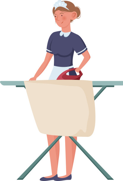 女女保洁员在特殊的蓝色制服熨烫亚麻布图片下载