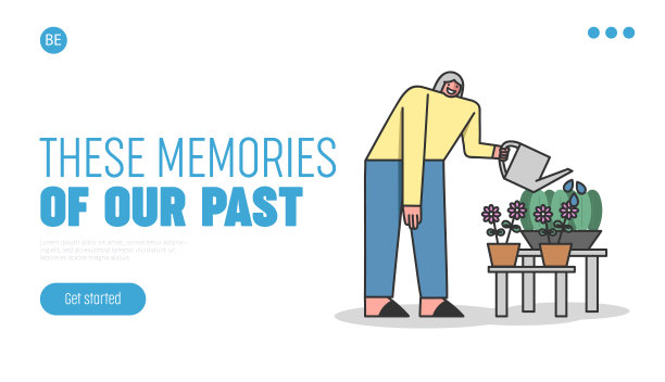 老年人休闲概念。网站登录页面。女性角色照顾花坛。年长女性有爱好，浇花。网页卡通线性轮廓平面矢量插图图片下载