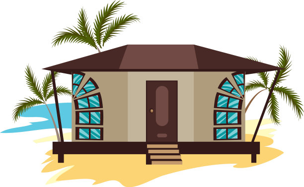 海滩上的棕色平房环绕着棕榈树图片下载