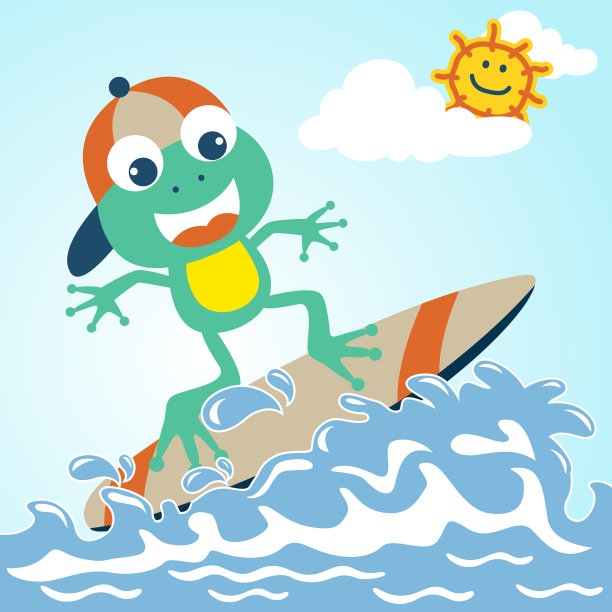 可爱的青蛙卡通冲浪在夏天图片下载