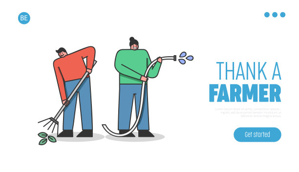 园艺和农业的概念。网站登录页面。在农场工作的人们。欢快的人们用软管浇水，耙树叶。网页卡通线性轮廓平面矢量插图图片下载