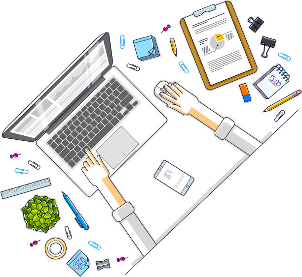 办公室办公桌工作空间俯视图与手图片下载