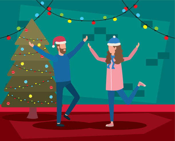 幸福快乐的圣诞夫妇与松树庆祝图片下载
