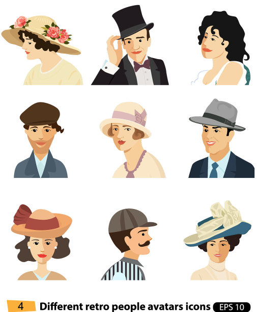 男性女性复古角色设置为孤立的白色图片下载