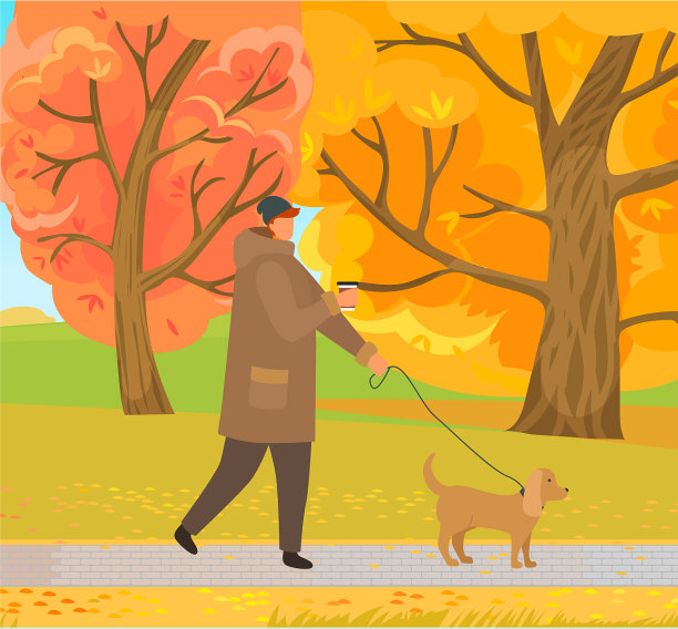 秋天，人们在森林公园遛狗图片下载