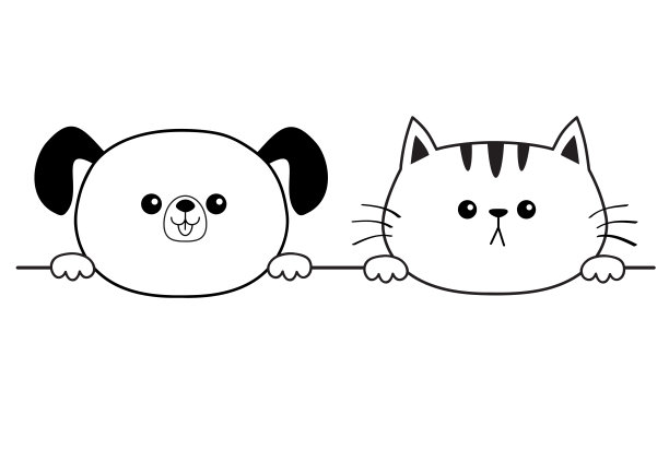 猫狗笑脸头像。手爪牵绳。外形轮廓。可爱的卡通狗猫角色。卡哇伊的动物。有趣的小狗小猫。爱的名片。平面设计。白色背景。图片下载