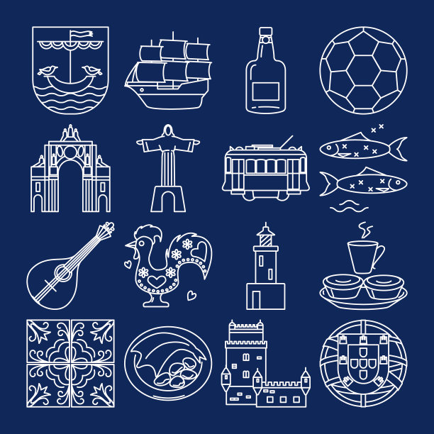 葡萄牙图标设置在细线风格图片下载