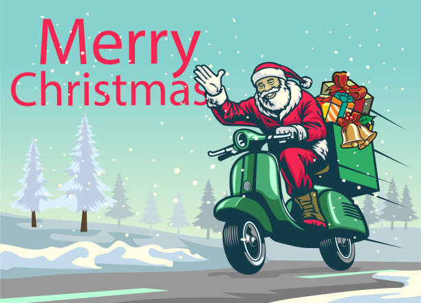 快乐的圣诞老人骑着老式摩托车图片下载