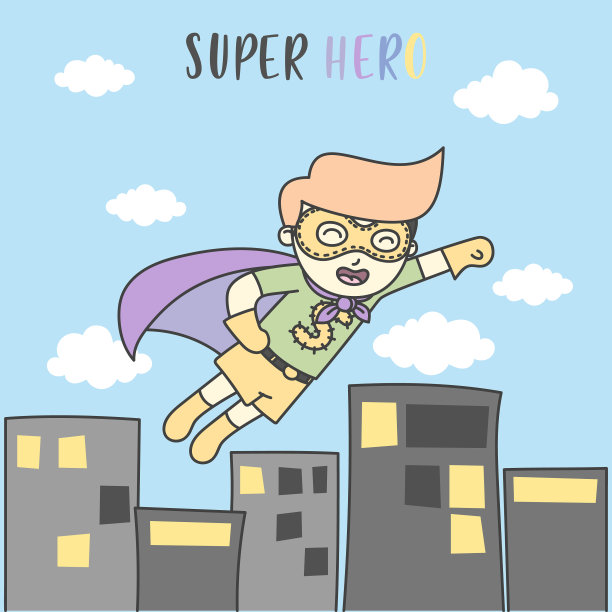 男孩在天空之城像超级英雄一样飞翔图片下载