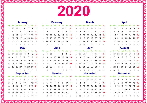 日历网格2020年与蕾丝框架图片下载