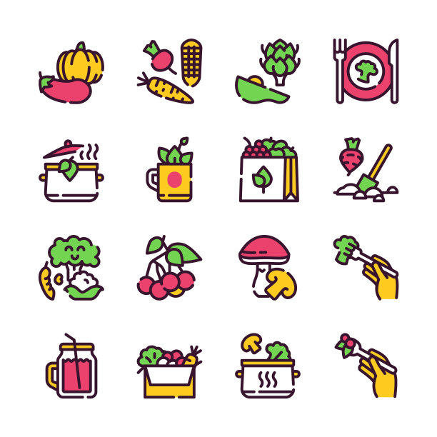 素食产品颜色线性图标集图片下载