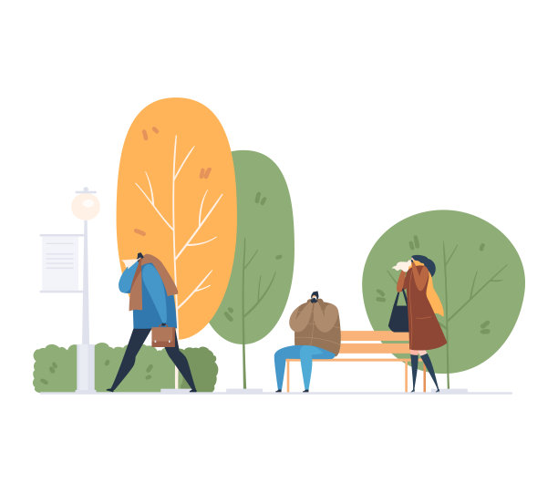 流感季节户外特性，矢量插图。病毒流行，免疫人的疾病。扁平的女人带着寒冷行走图片下载