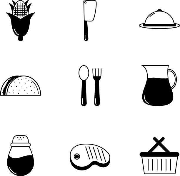 烧烤食品设备和用具图标套装图片下载