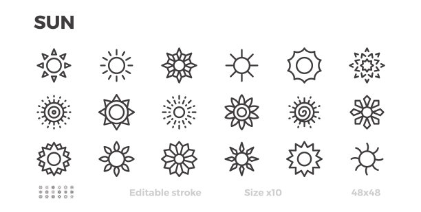 太阳图标集。阳光明媚的天气,温暖。明星的象征。可编辑的中风。图片下载