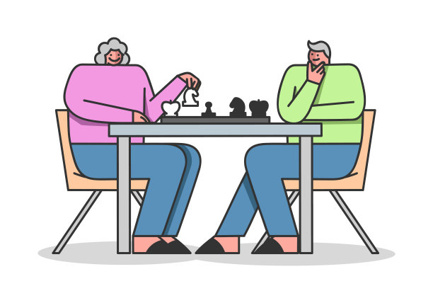 老年人休闲的概念。退休的男人和女人下棋，玩得开心。坐在棋盘旁的老人。卡通线性轮廓扁平风格。矢量图图片下载