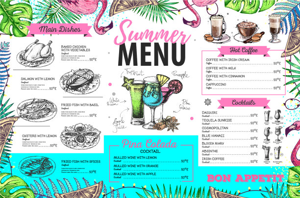手绘夏季菜单设计与火烈鸟图片下载
