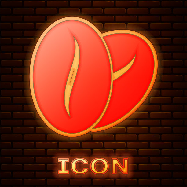 发光的霓虹灯咖啡豆图标孤立在砖块上图片下载