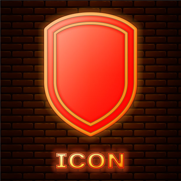 发光的霓虹灯盾图标孤立在砖墙上图片下载
