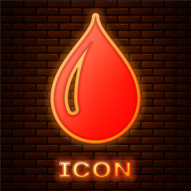 发光的霓虹灯水滴图标孤立在砖块上图片下载