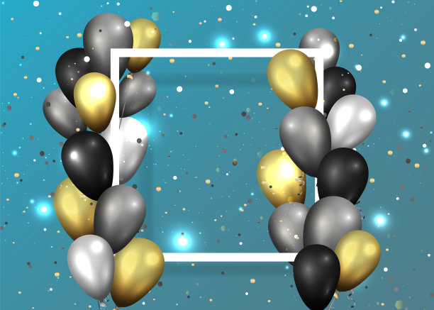 金色，黑色和银色气球与白色框架图片下载