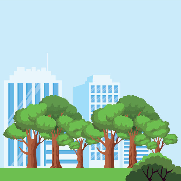 蓝色背景下的树木和城市建筑图片下载