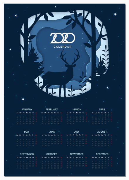 日历2020基本网格冬季剪纸图片下载