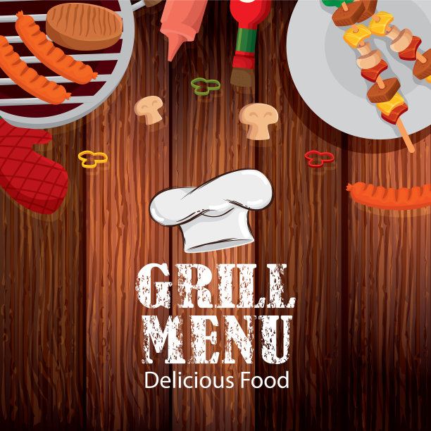 烧烤菜单与美味的食物在木制图片下载