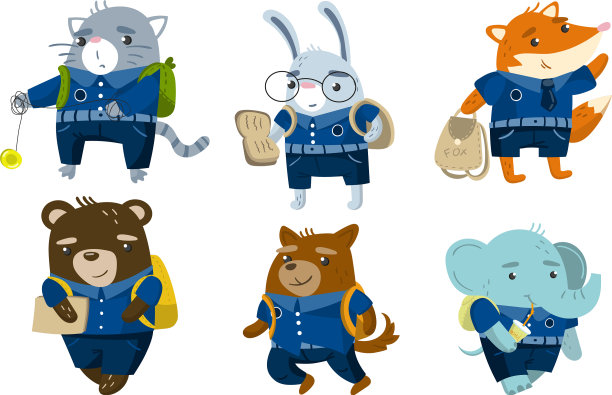 不同的卡通动物穿着校服图片下载