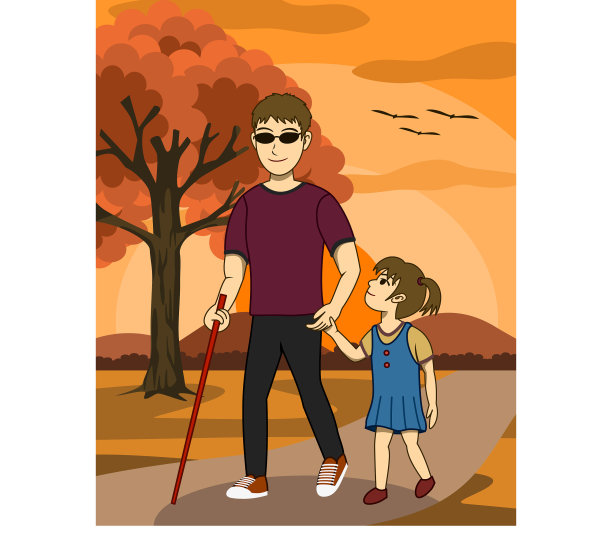 盲人和女儿走在夕阳下图片下载