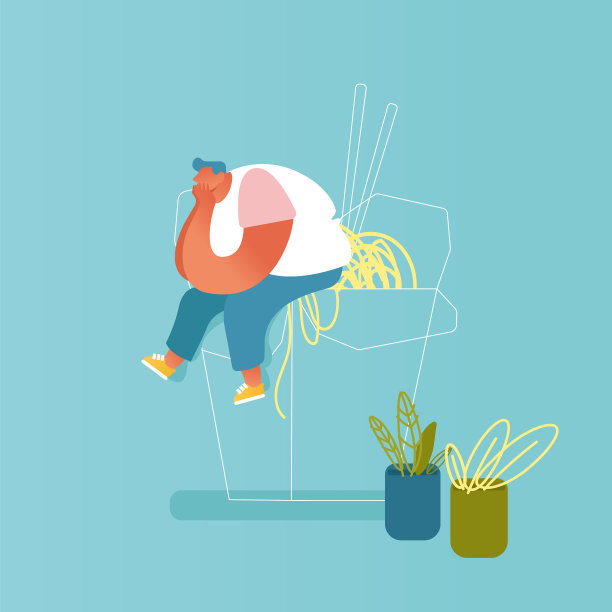 一个胖子坐在一个巨大的外卖锅上图片下载