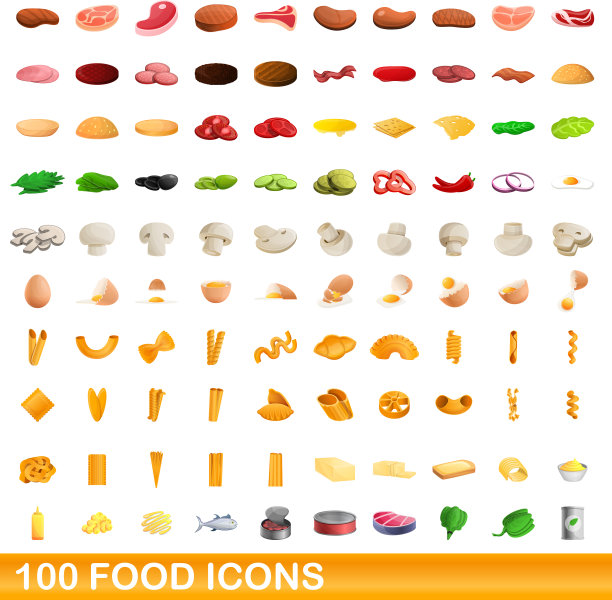 100个食物图标设置卡通风格图片下载