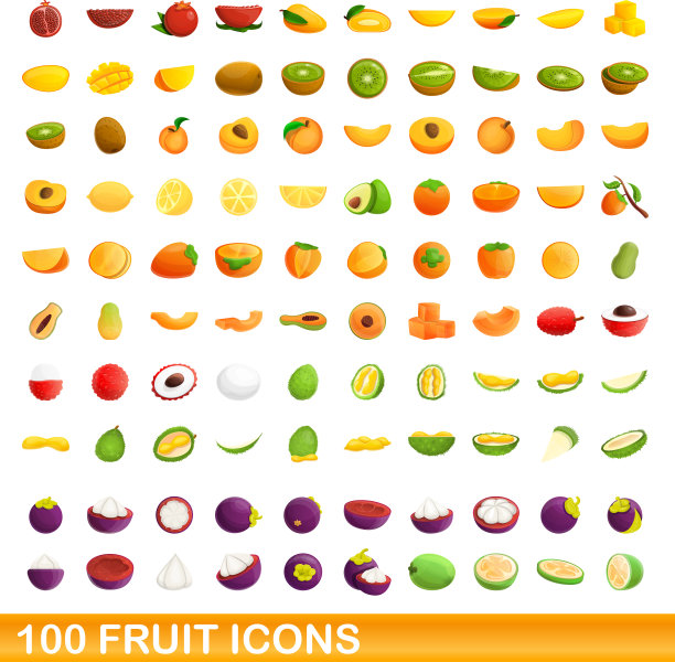 100个水果图标设置卡通风格图片下载