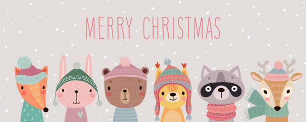 圣诞贺卡与可爱的动物手绘图片下载