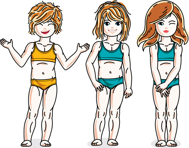 小女孩们站在五颜六色的比基尼儿童套装图片下载