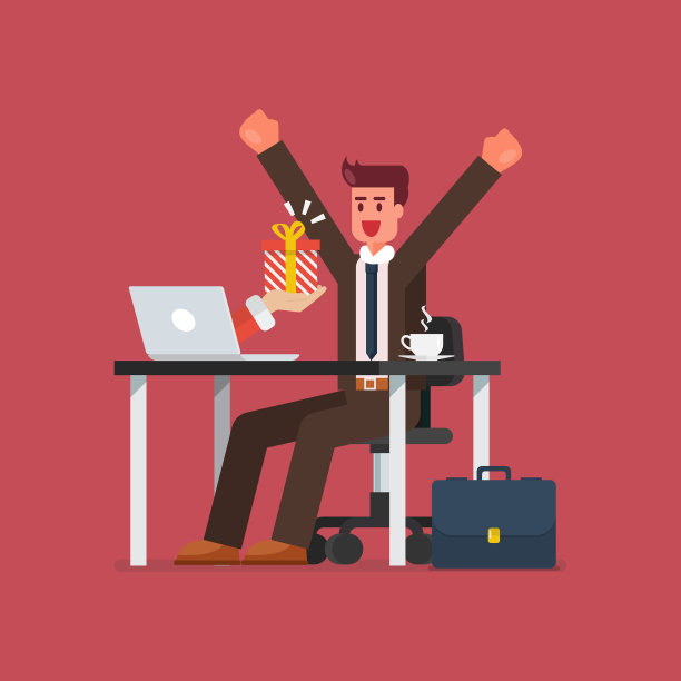 快乐的商人从他的笔记本电脑得到礼盒图片下载