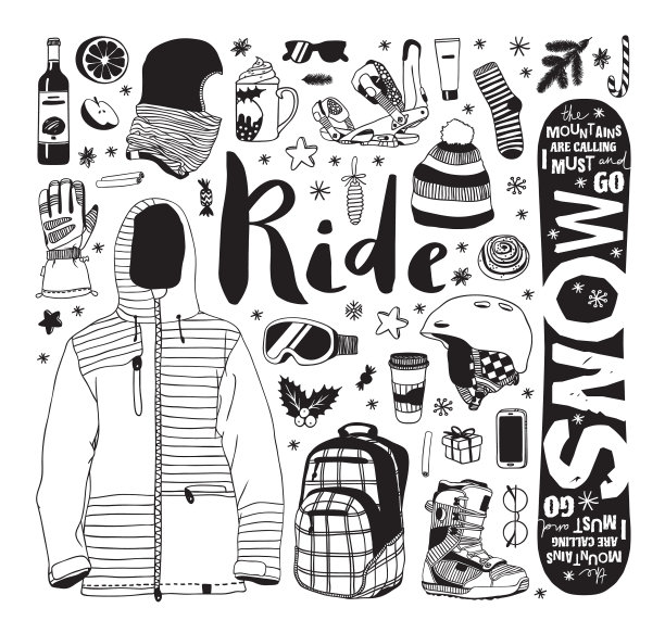 手绘时尚滑雪板东西的创意图片下载