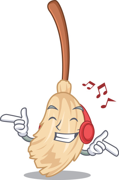 听音乐的扫帚孤立在吉祥物上图片下载