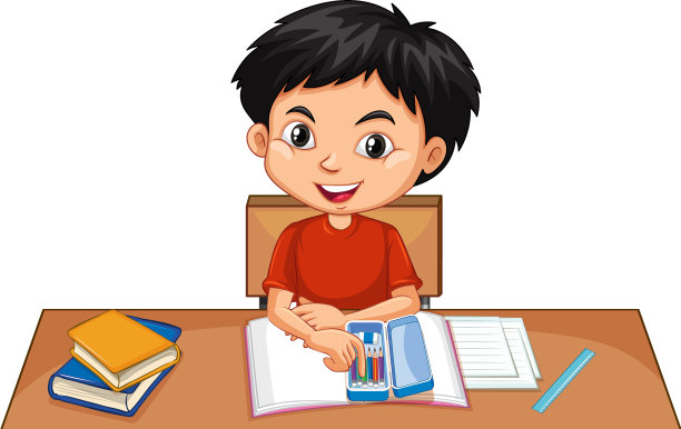 一个快乐的男孩在书桌上做作业图片下载