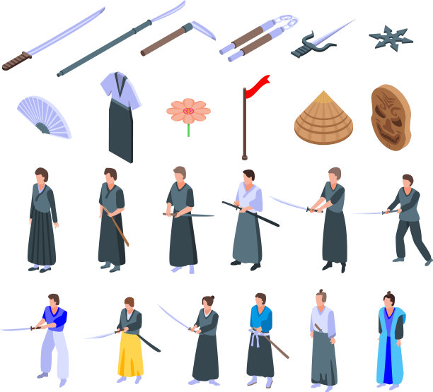 武士图标设置等距风格图片下载