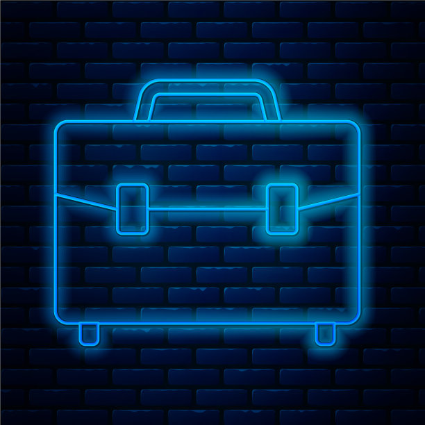 发光的霓虹灯线公文包图标孤立在砖块上图片下载