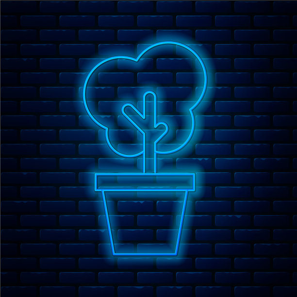 发光的霓虹灯线树在锅图标孤立上图片下载