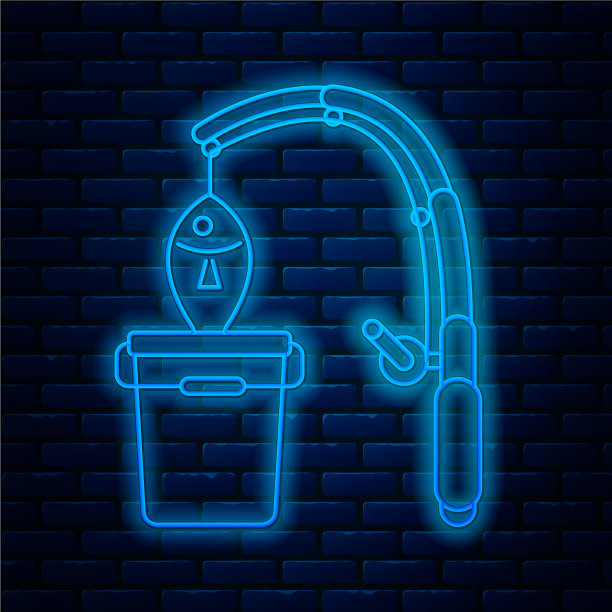 发光的霓虹灯线钓鱼杆和鱼的图标图片下载