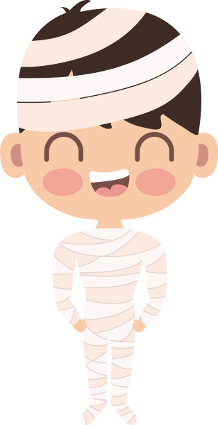 可爱的男孩伪装的木乃伊在白色的背景图片下载