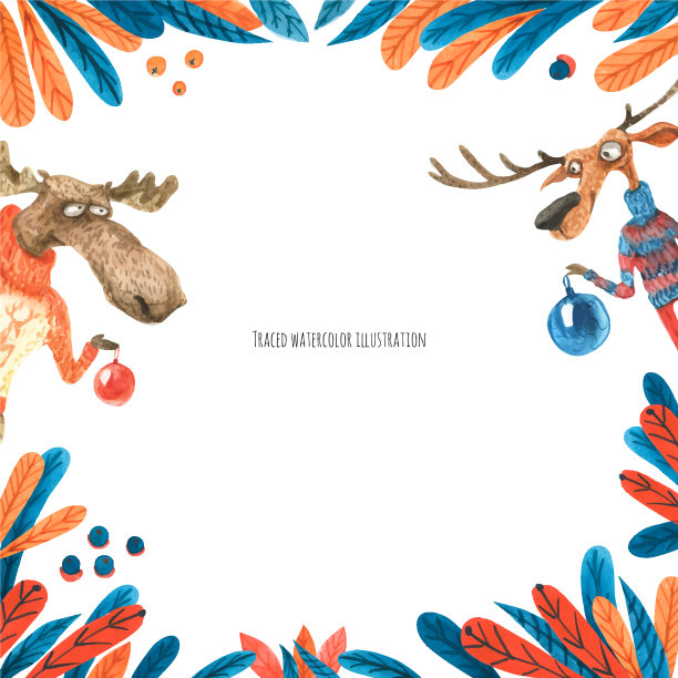 圣诞水彩框架与麋鹿和鹿图片下载